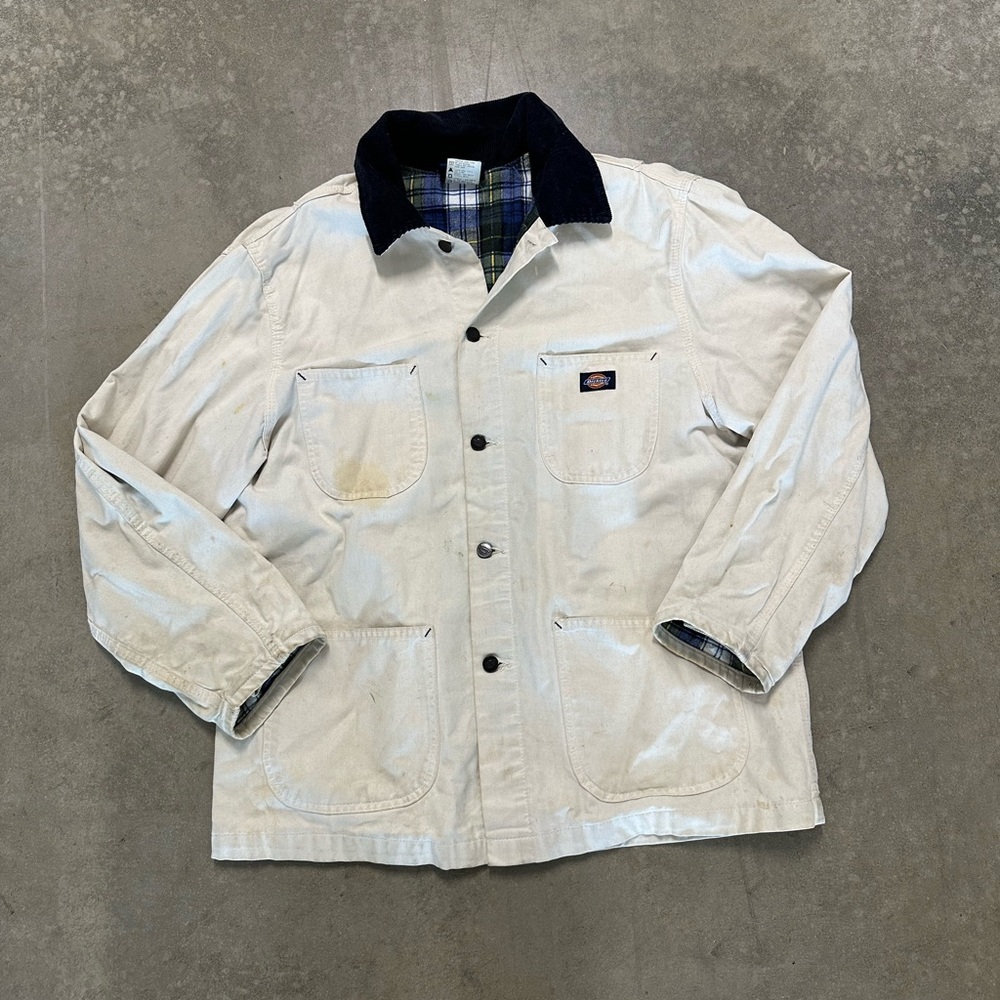 Dickies chore coat size large white flannel lined work wear stained distressed
